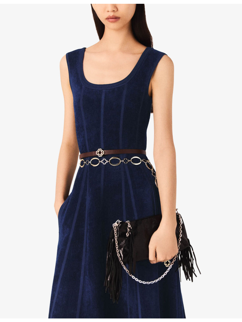 Round-Neck Flared-Skirt Stretch-Velvet Midi Dress - 5