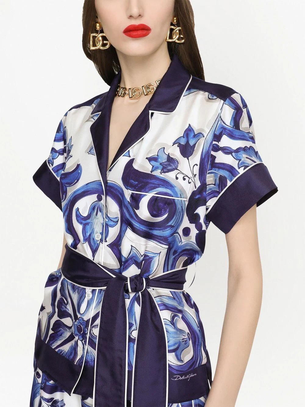 Majolica-print belted silk shirt - 5
