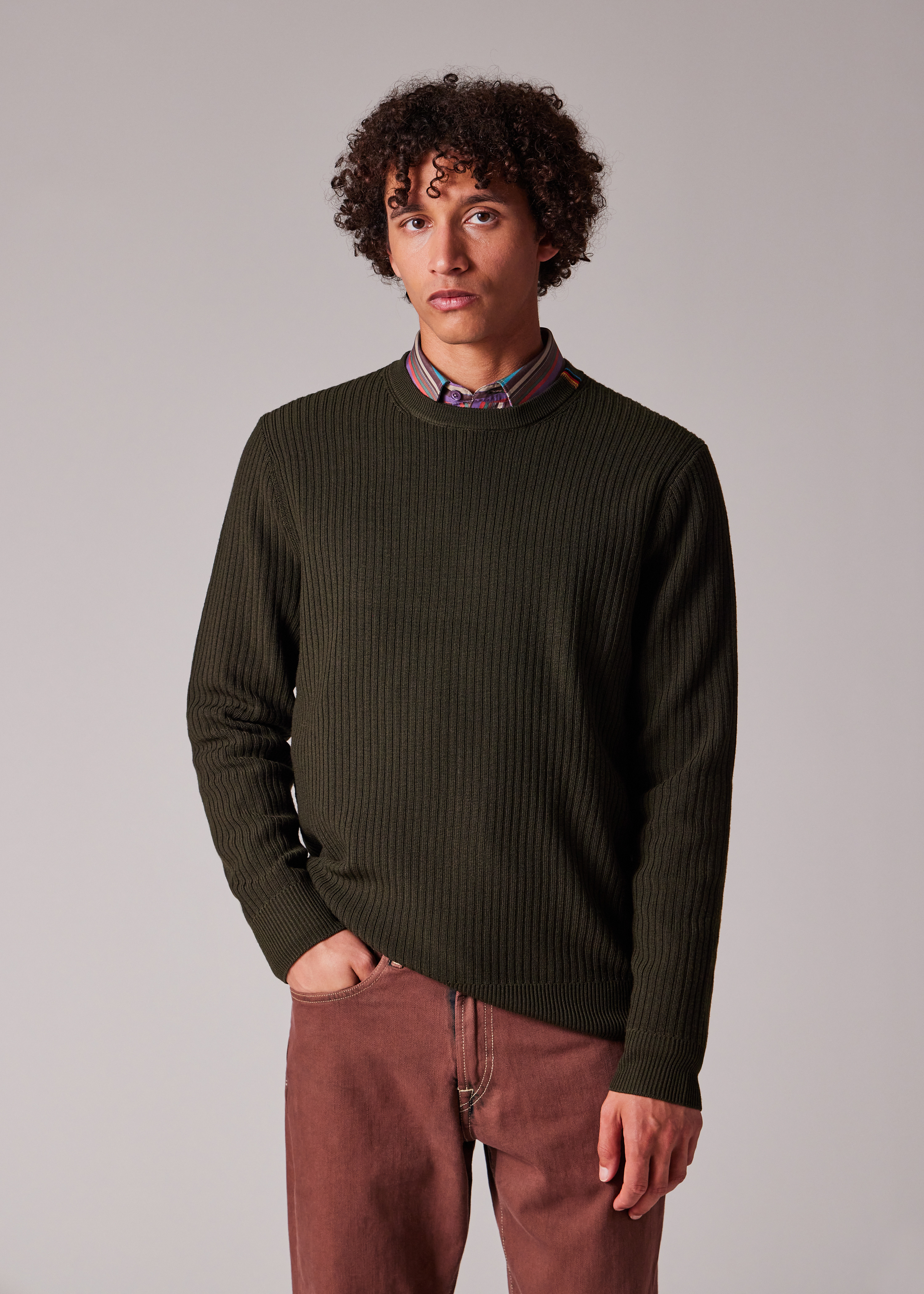 Khaki Washable Merino Wool 'Signature Stripe' Crew Neck Sweater - 6