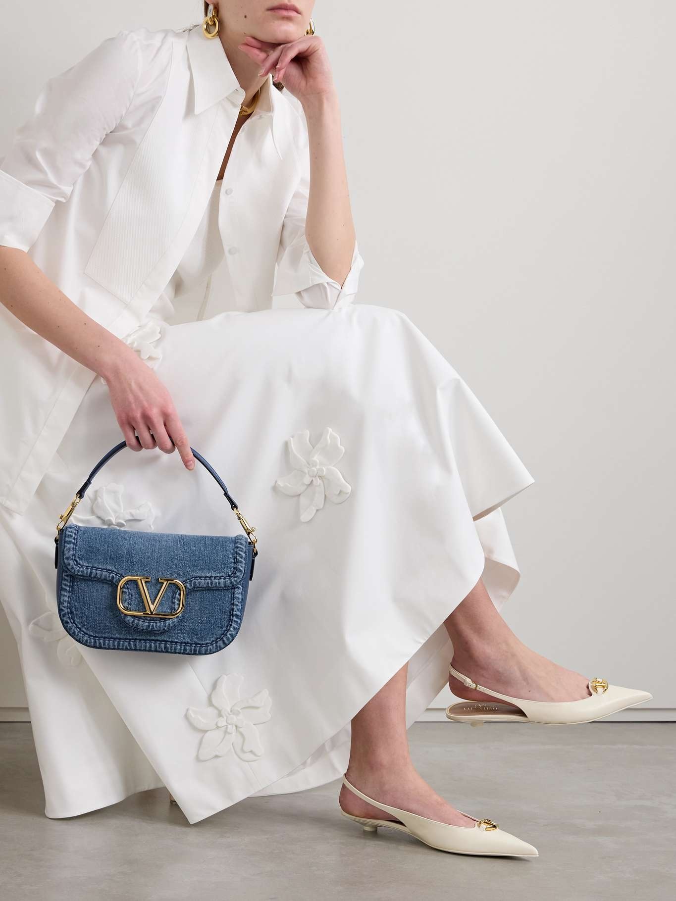 VLOGO embellished denim and leather shoulder bag - 2