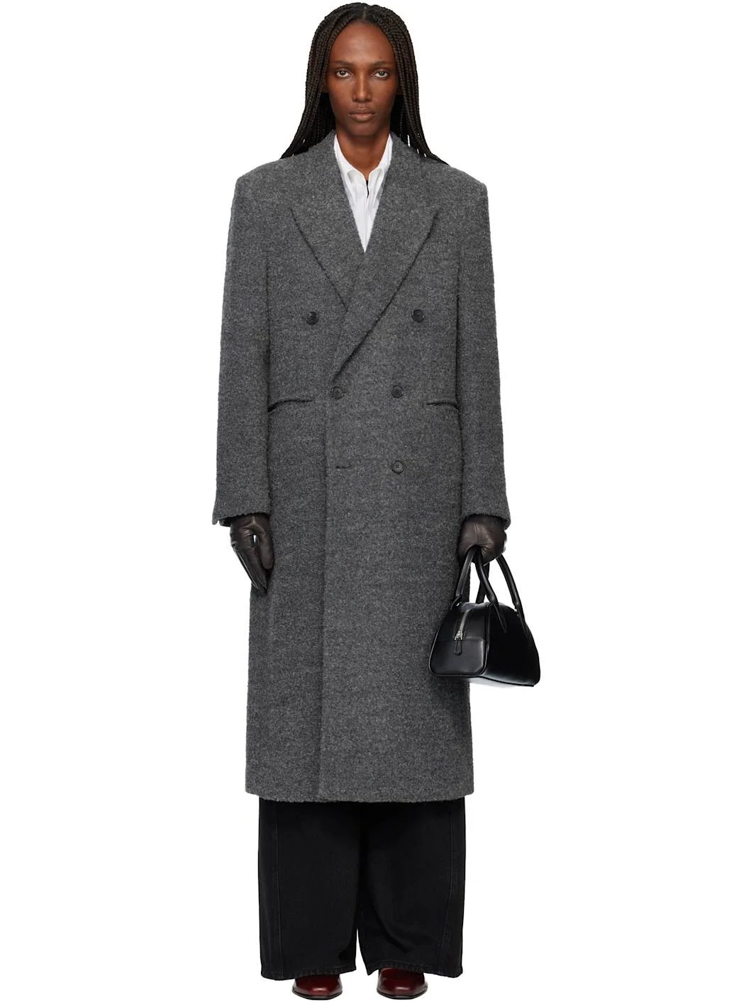 Gray Textured Wool & Alpaca Fitted Double-Breasted Coat - 1