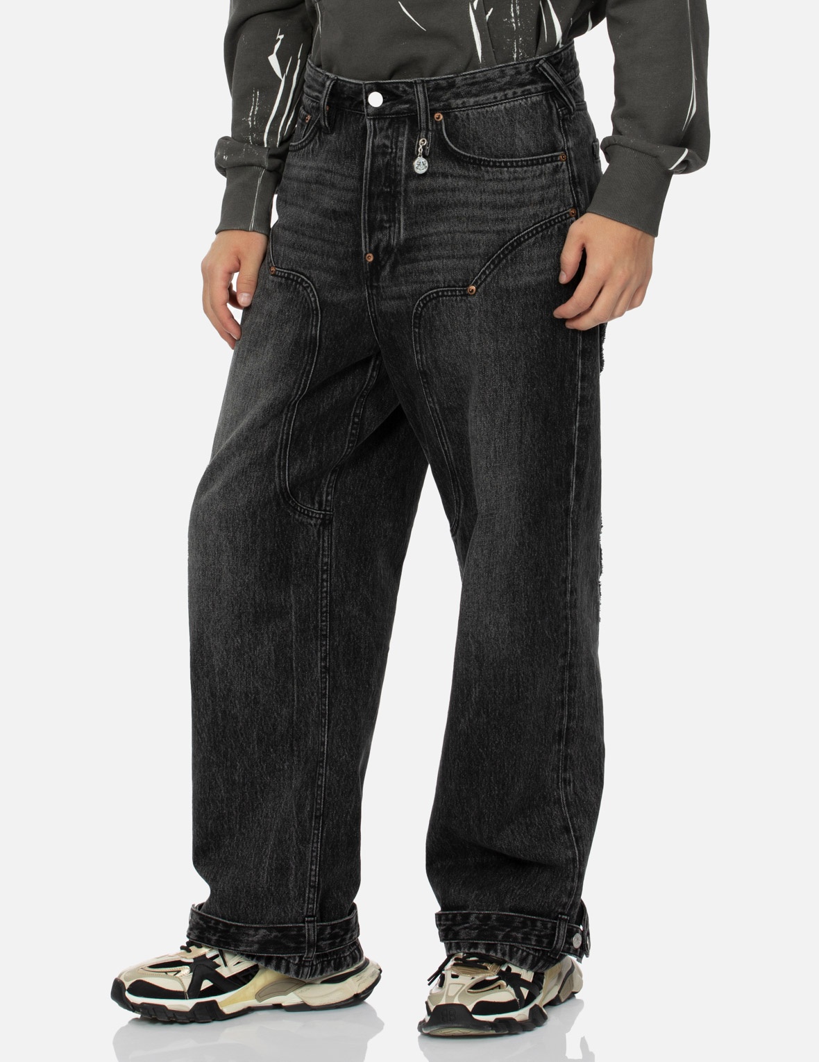 DISTRESSED EDGES INSERTED DAICOCK BAGGY JEANS - 8