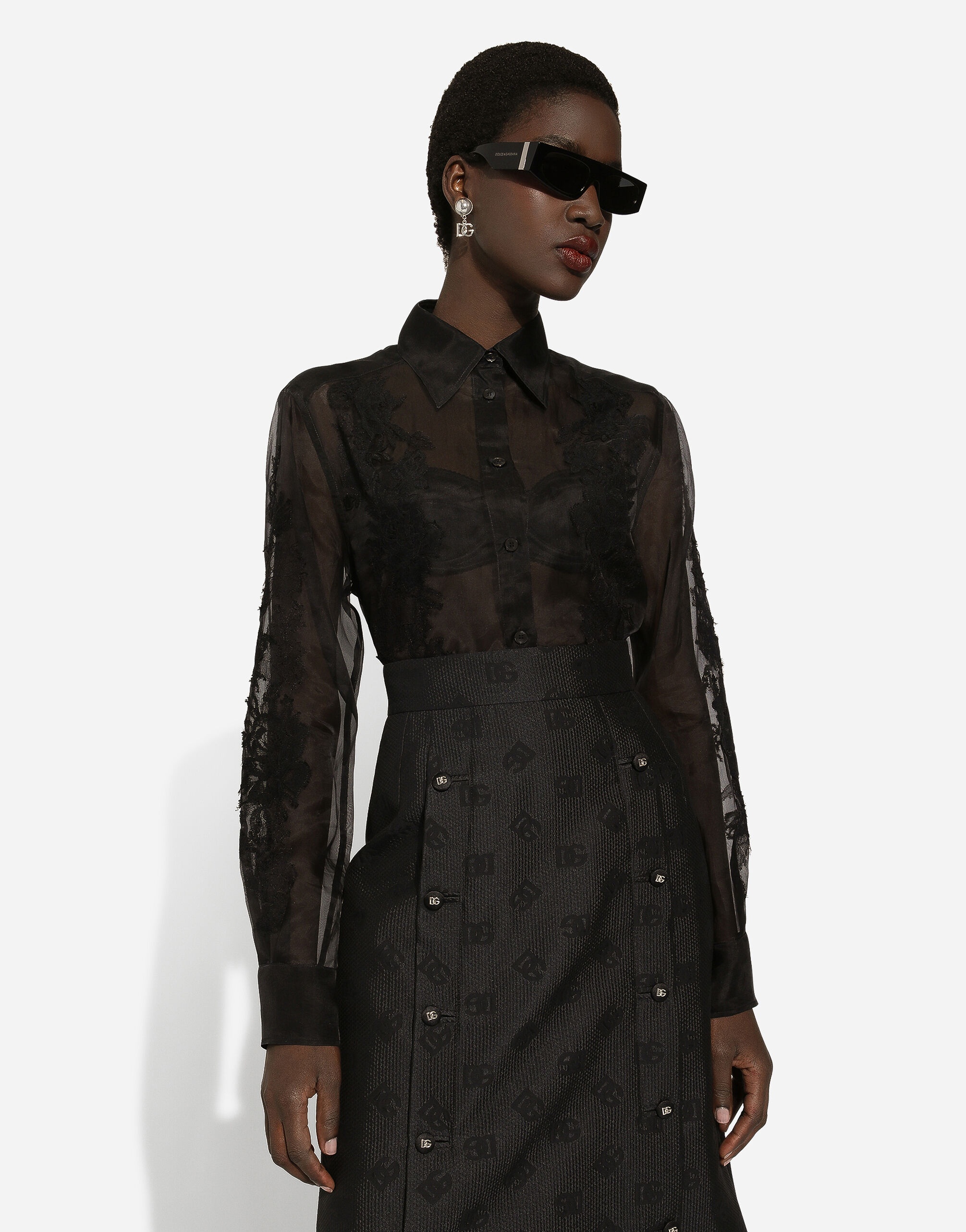 Organza shirt with lace appliqués - 4