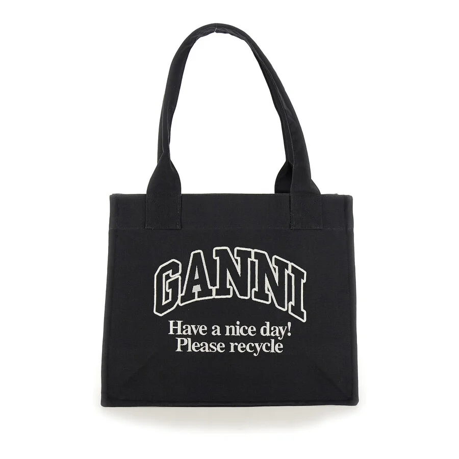 Ganni Black Shopper With Embroidered Logo On The Front In Denim - 1