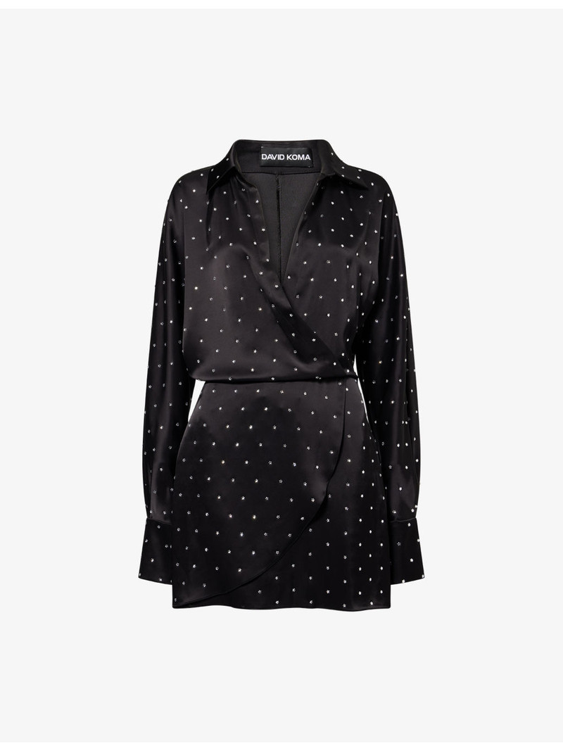 Star-Embellished Wrap-Front Satin Mini Shirt Dress 1