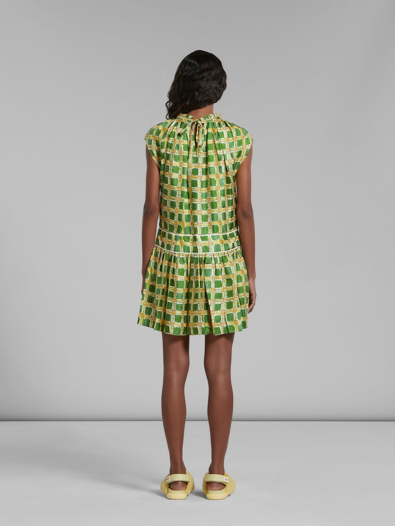 GREEN SILK TWILL DRESS WITH CHECK FIELDS PRINT 3