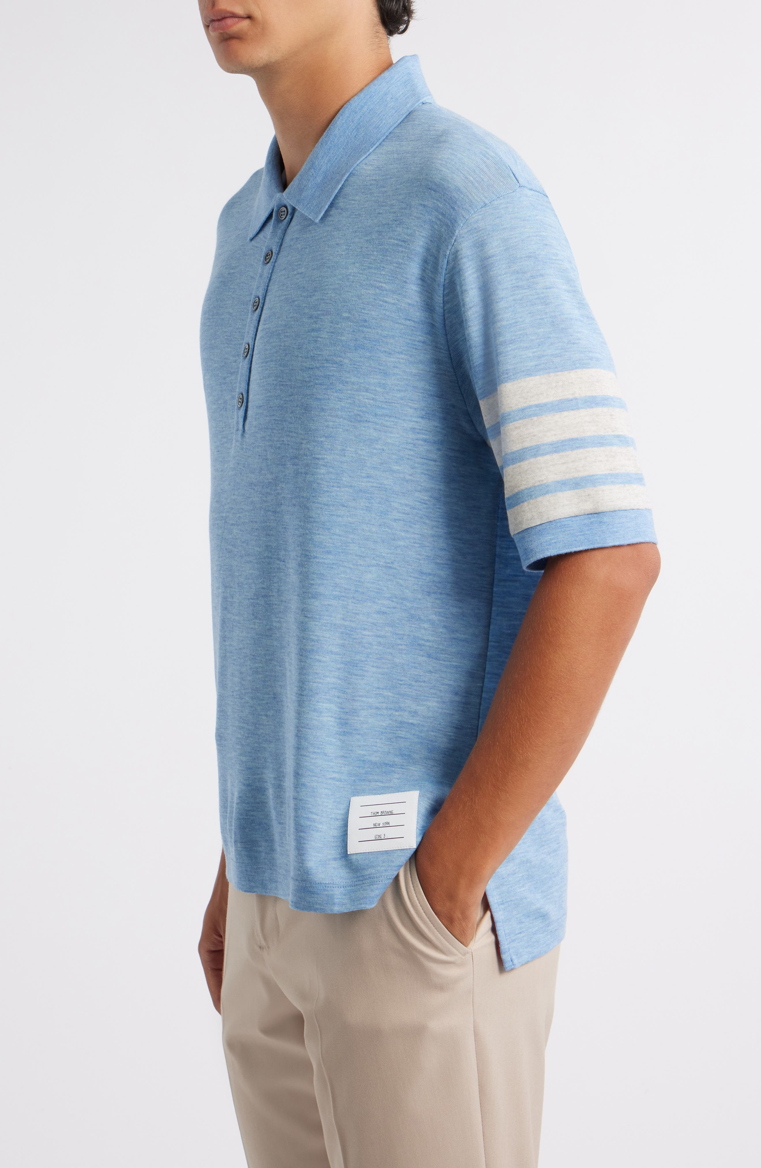 Thom Browne 4-Bar Virgin Wool Jersey Polo in Light Blue at Nordstrom - 3