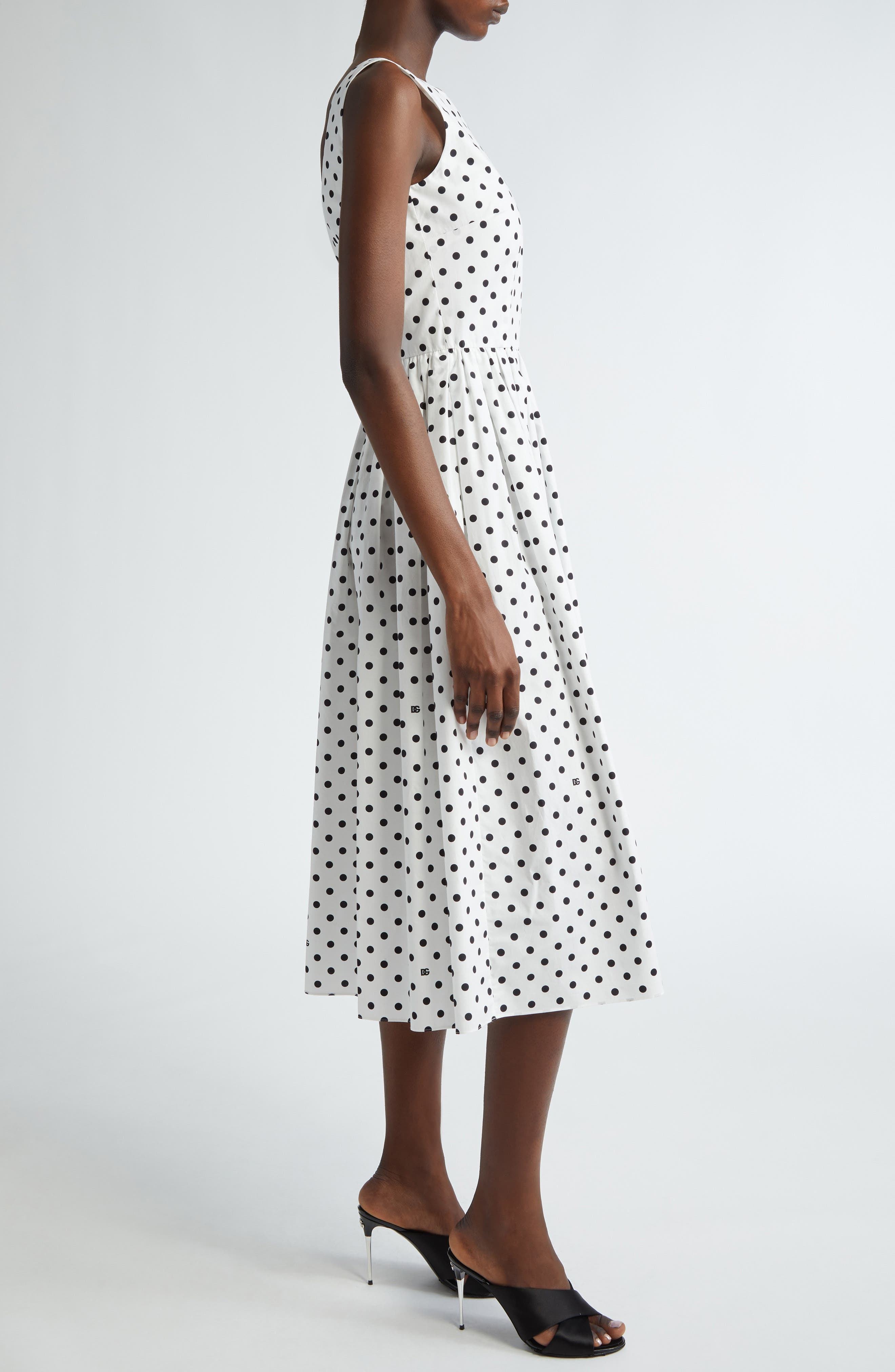 Dolce&Gabbana Polka Dot Sleeveless Cotton Midi Dress in Black/White at Nordstrom - 3
