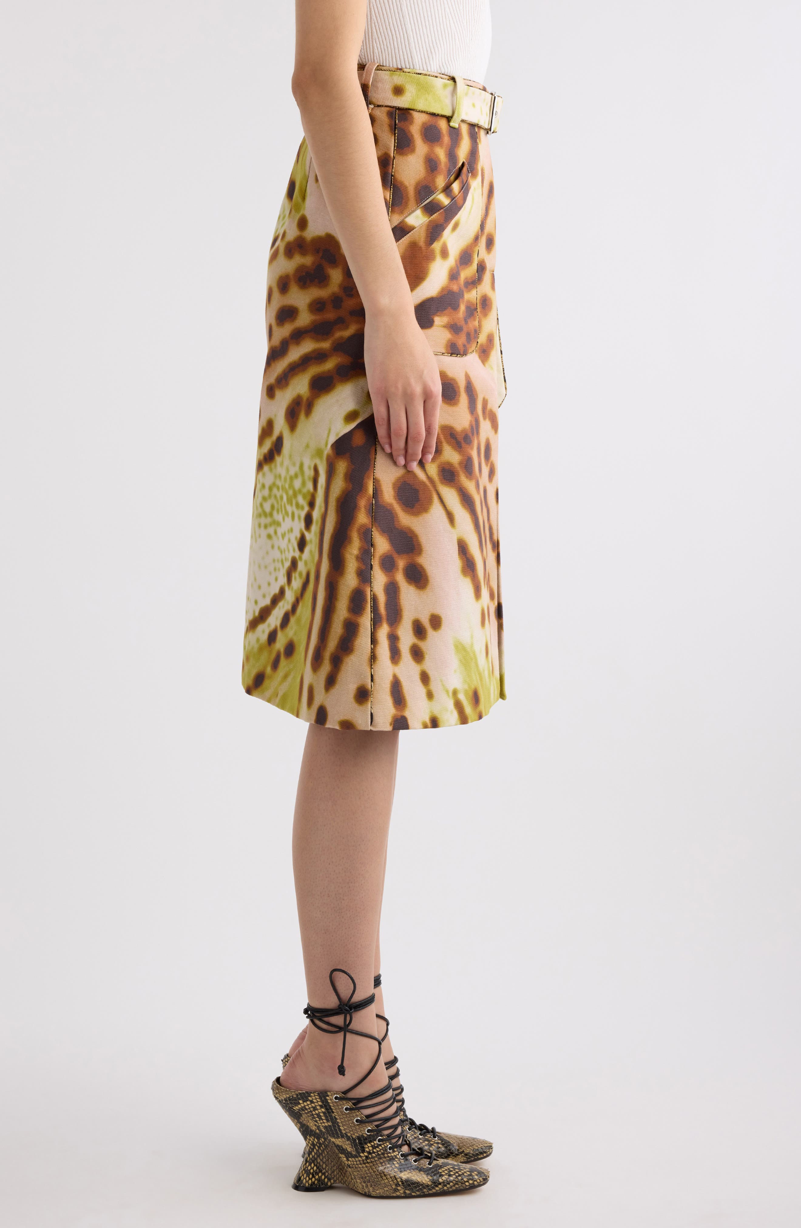 Dries Van Noten Sheraz Leopard Orchid Print Belted Midi Skirt in Olive at Nordstrom - 4