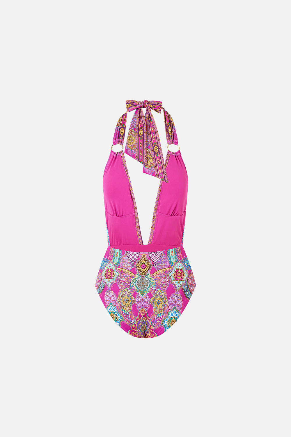 PLUNGE BACKLESS HALTER ONE PIECE WITH RING TIES - 8