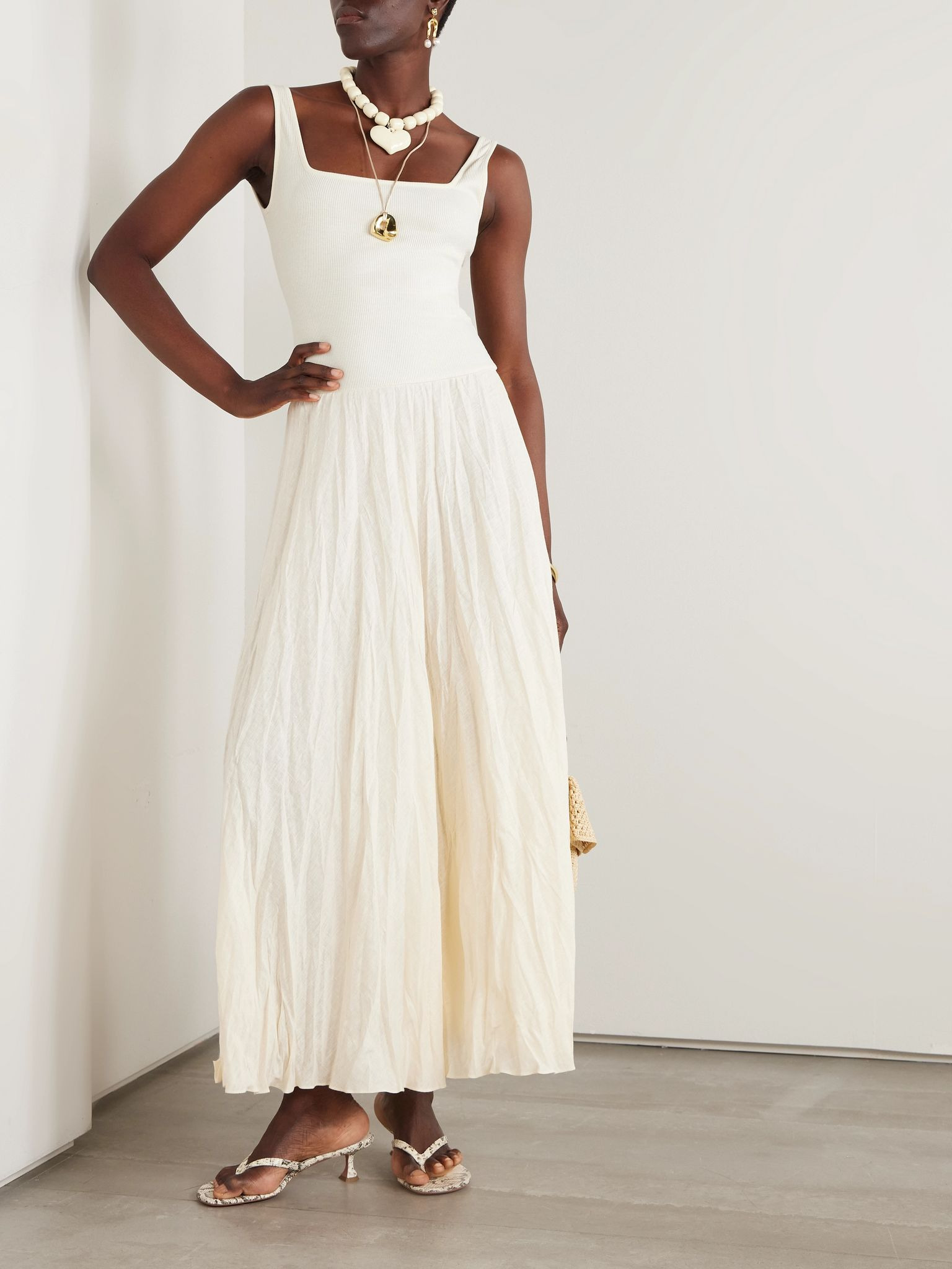 Mariner ribbed knit-trimmed organic linen-blend poplin maxi dress Ecru - 2