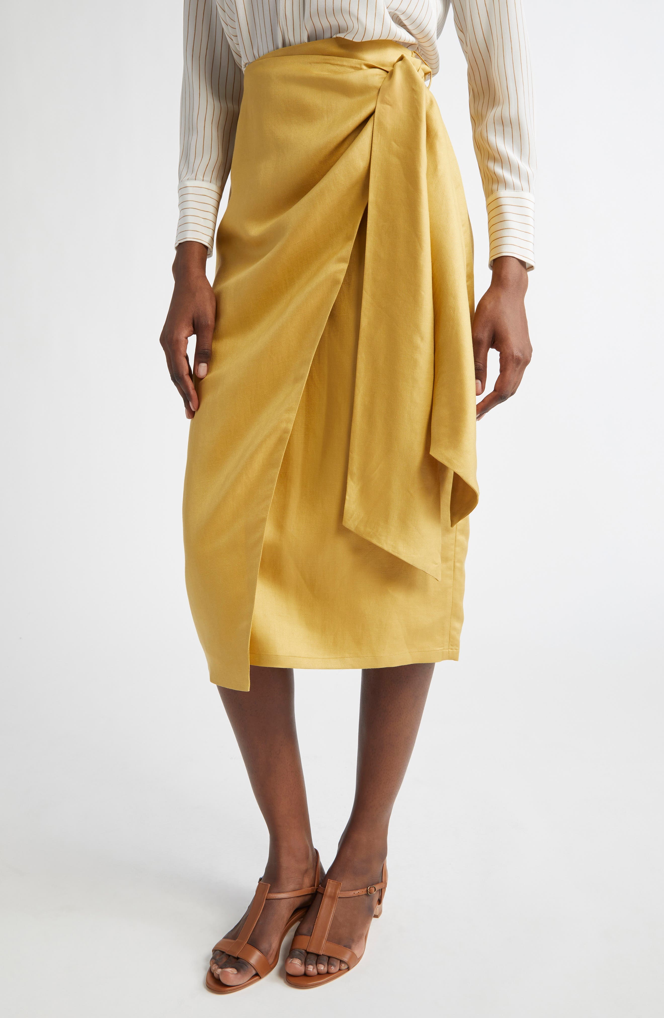 Max Mara Tequila Linen & Silk Wrap Skirt in Yellow at Nordstrom - 4