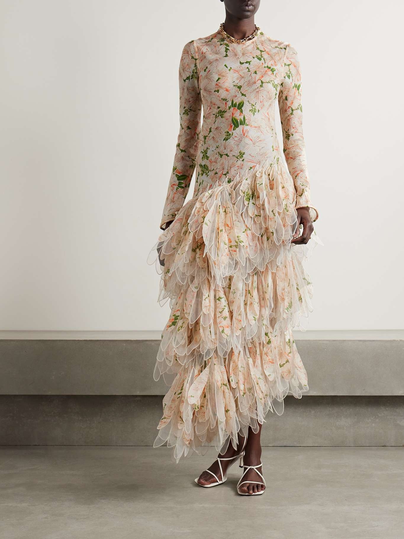 Natura asymmetric tulle-trimmed floral-print linen and silk-blend maxi dress - 3