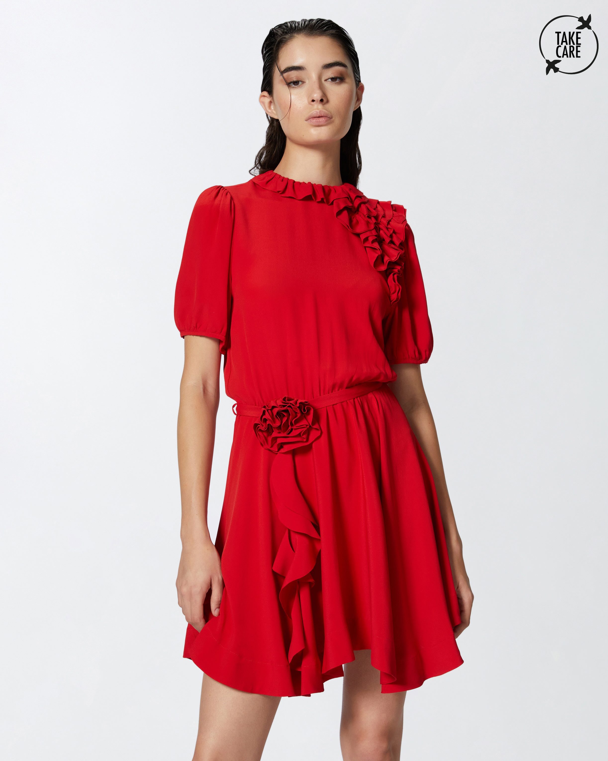 SILK-BLEND MINI DRESS WITH ROSE AND RUFFLES - 2