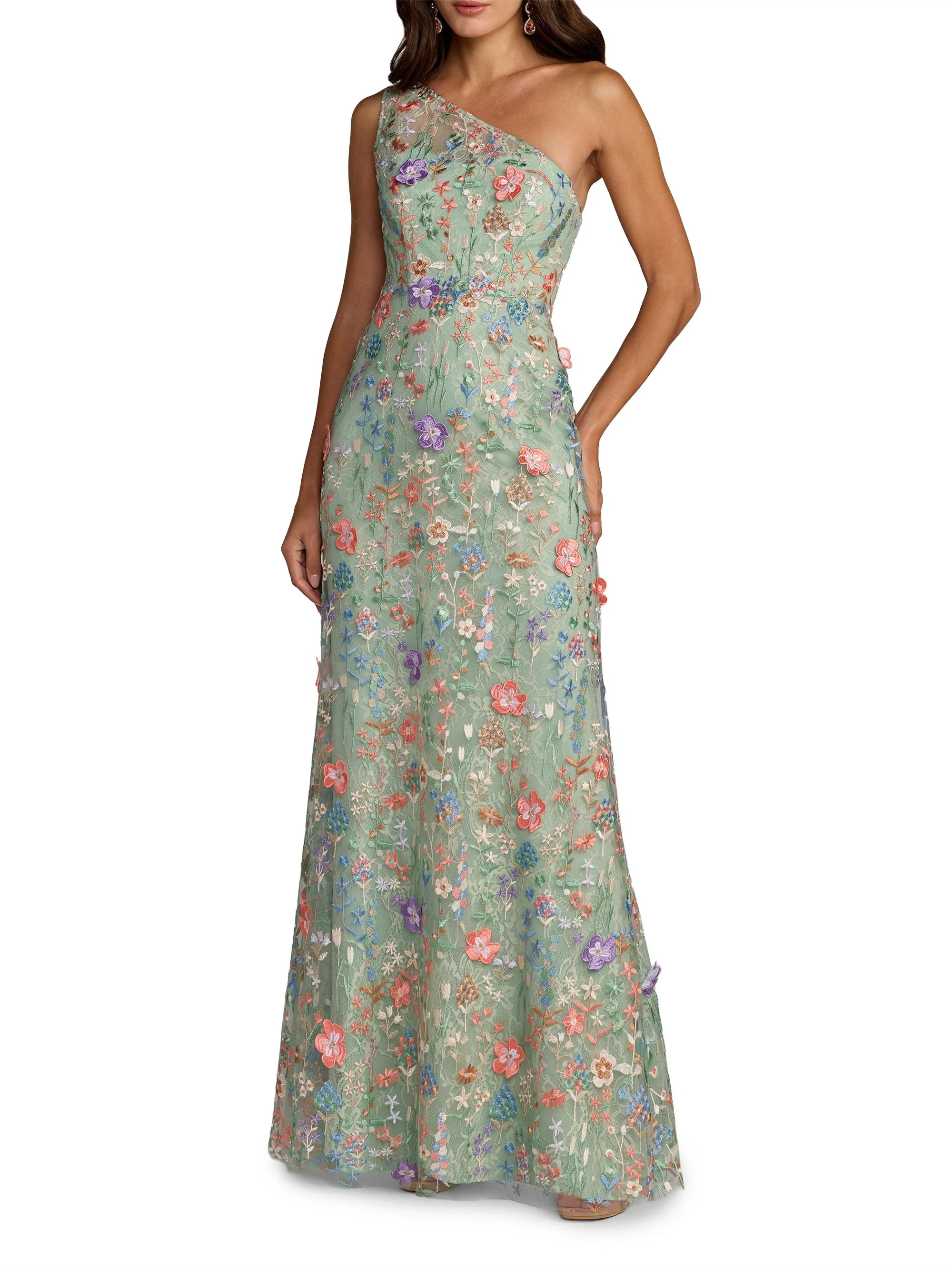 Women's One-Shoulder Floral Embroidered Gown - Sage Multi - 1