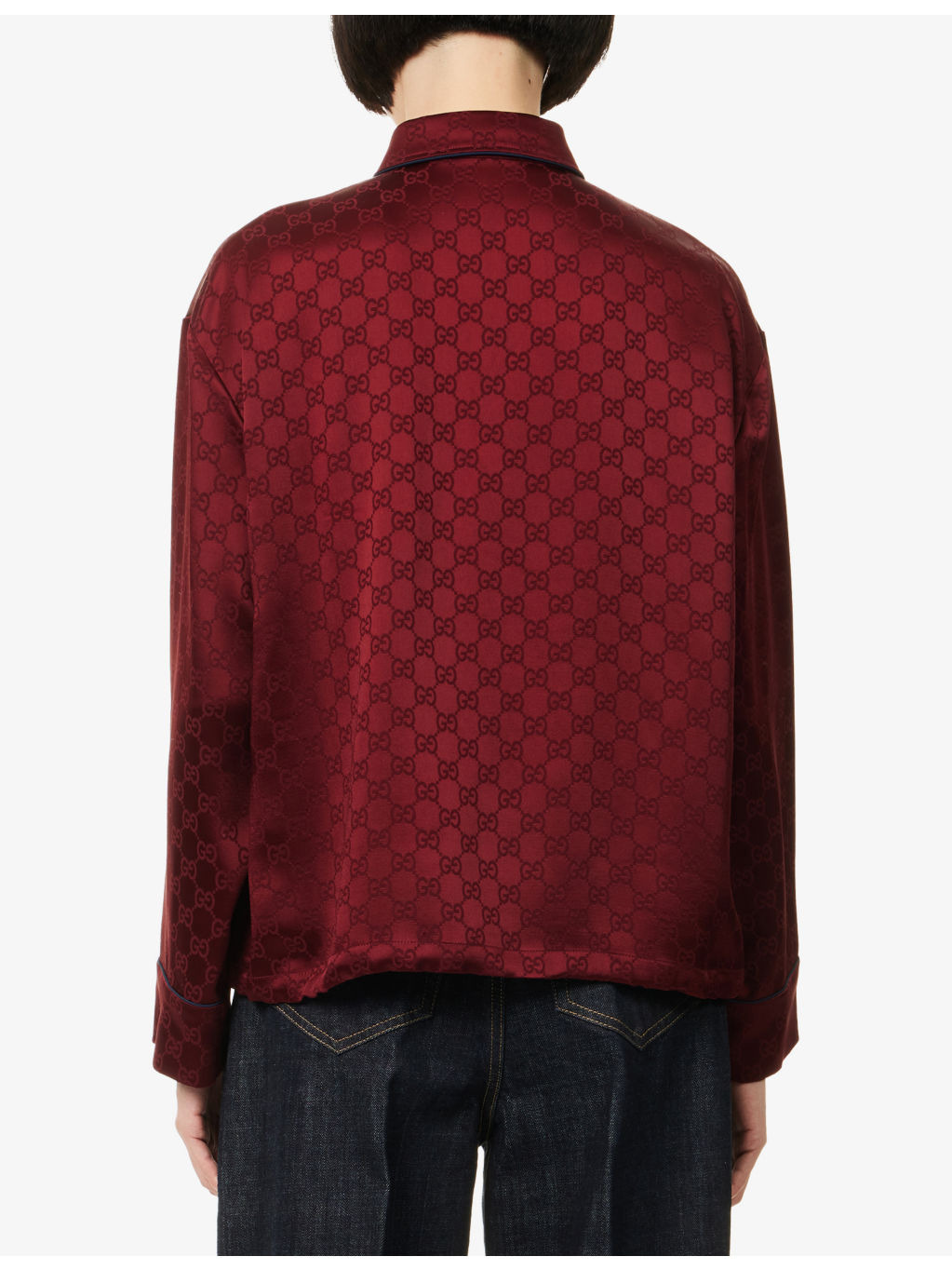 Monogram-Pattern Drawstring-Hem Satin Shirt - 4