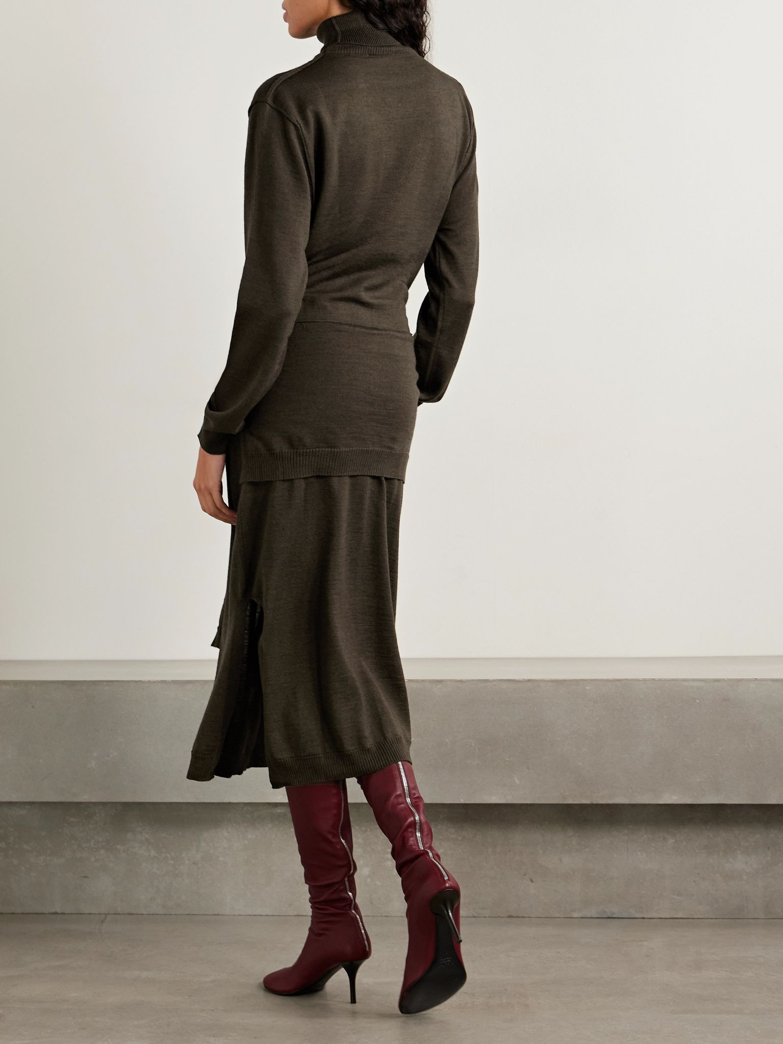 Belted wool-blend turtleneck midi dress Dark brown - 3