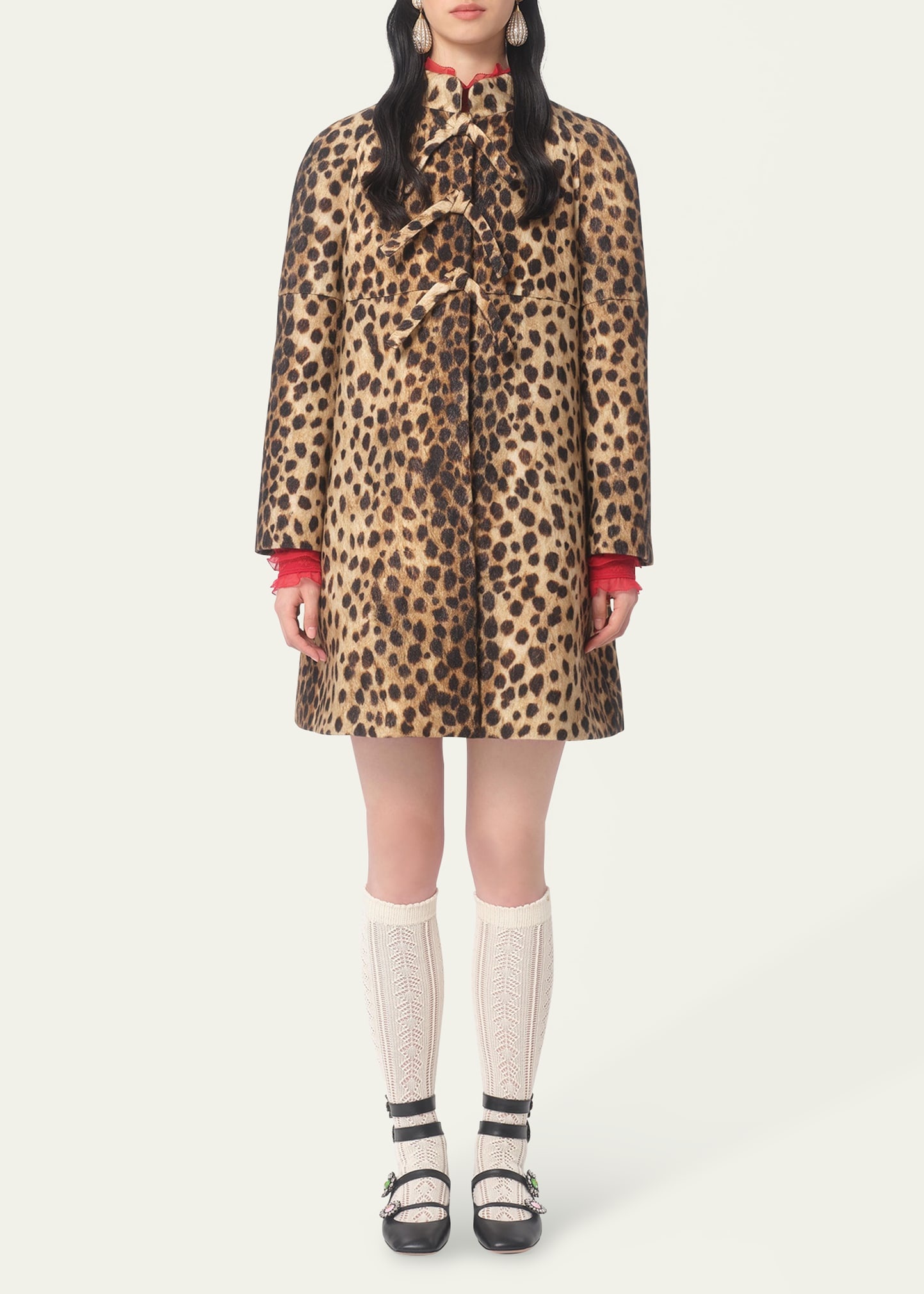 Leopard Print Bow Wool Coat - 2