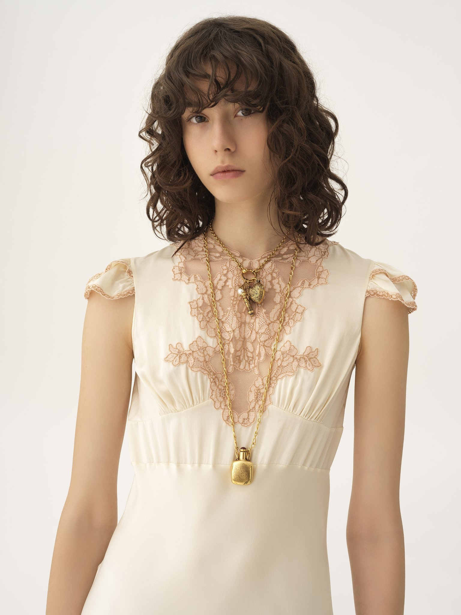 CAP-SLEEVE COLUMN DRESS IN WASHED SILK SATIN & LACE - 7