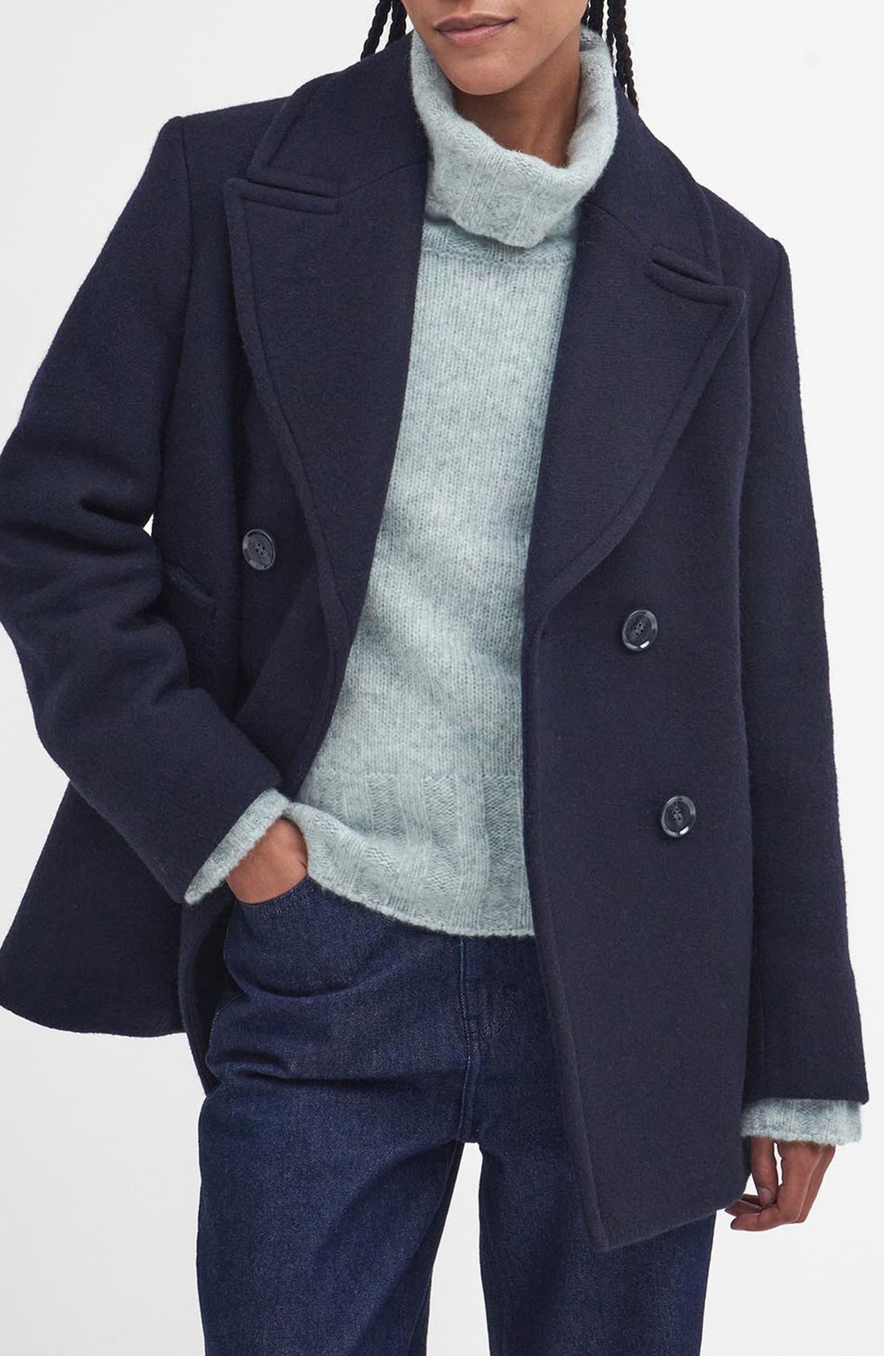 Barbour Ingrid Double Breasted Wool Blend Peacoat in Navy/Hessian at Nordstrom - 1