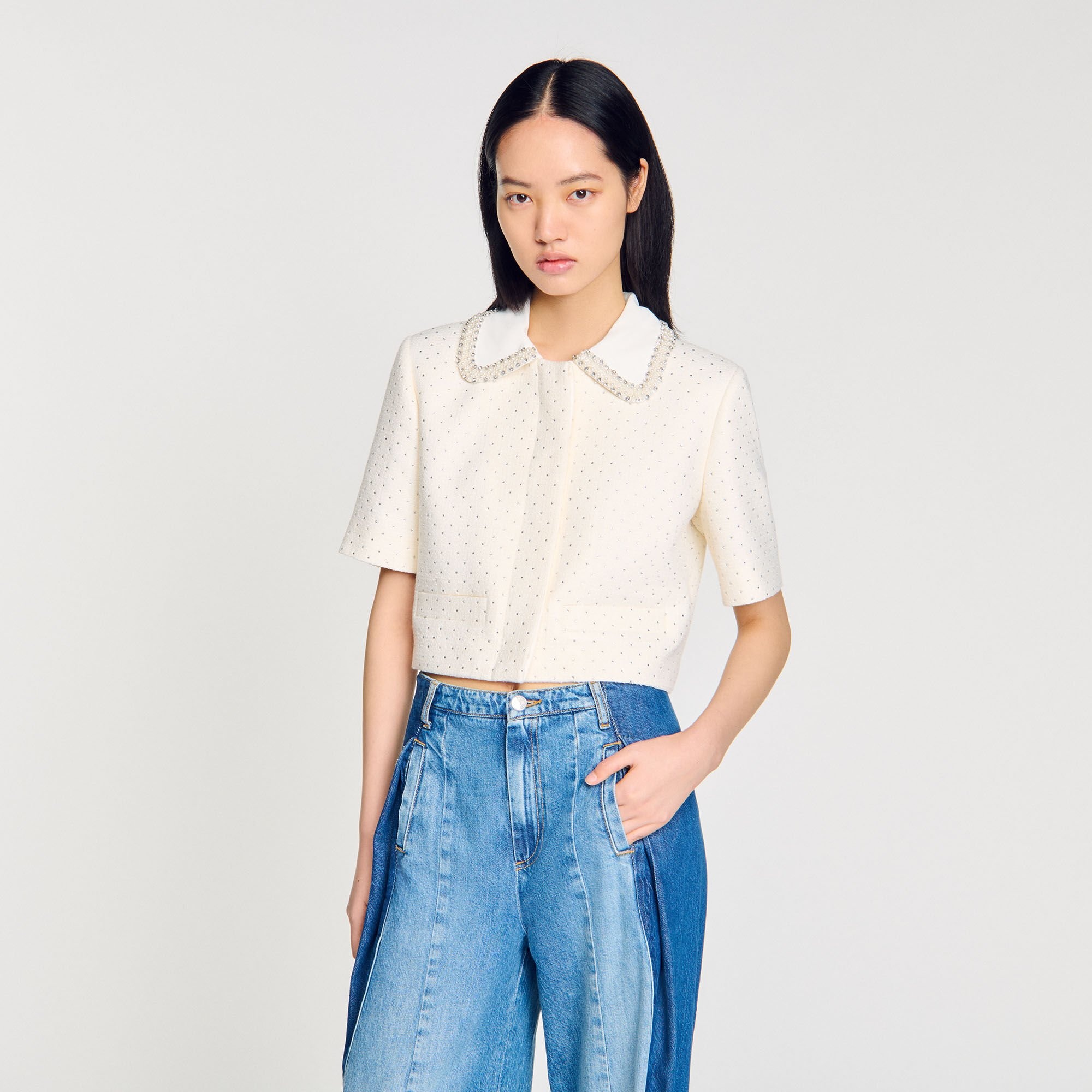 SHORT-SLEEVED RHINESTONE JACKET - 4