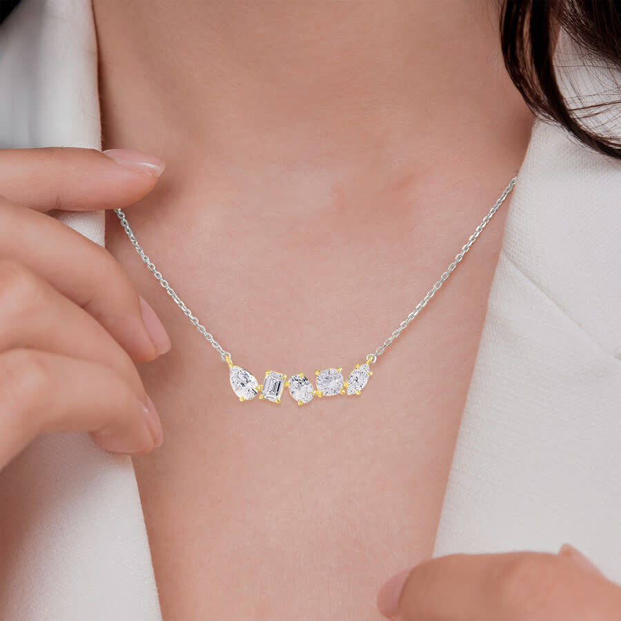 Diamond2Deal - Diamond2Deal 925 Sterling Silver Two-tone 2 Ct Multi Shape Lab Grown Diamond Pendant Necklace 18" VV - 3