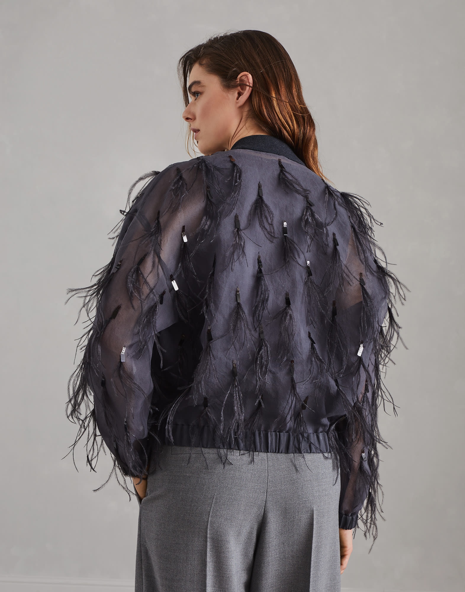 Crispy silk bomber jacket with dazzling feather embroidery - 2