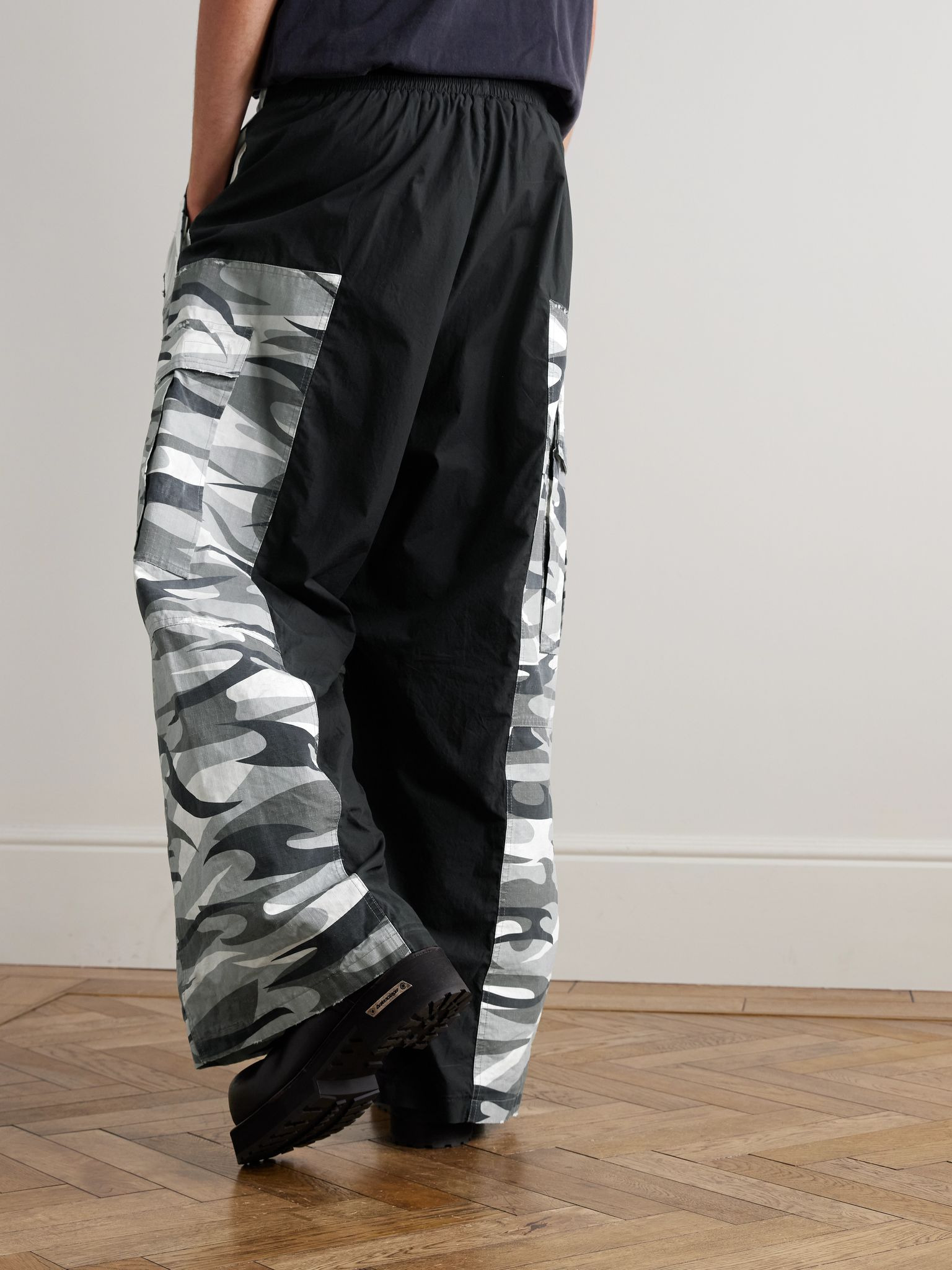 Wide-Leg Panelled Cotton-Poplin and Camouflage-Print Ripstop Cargo Track Pants Black - 4