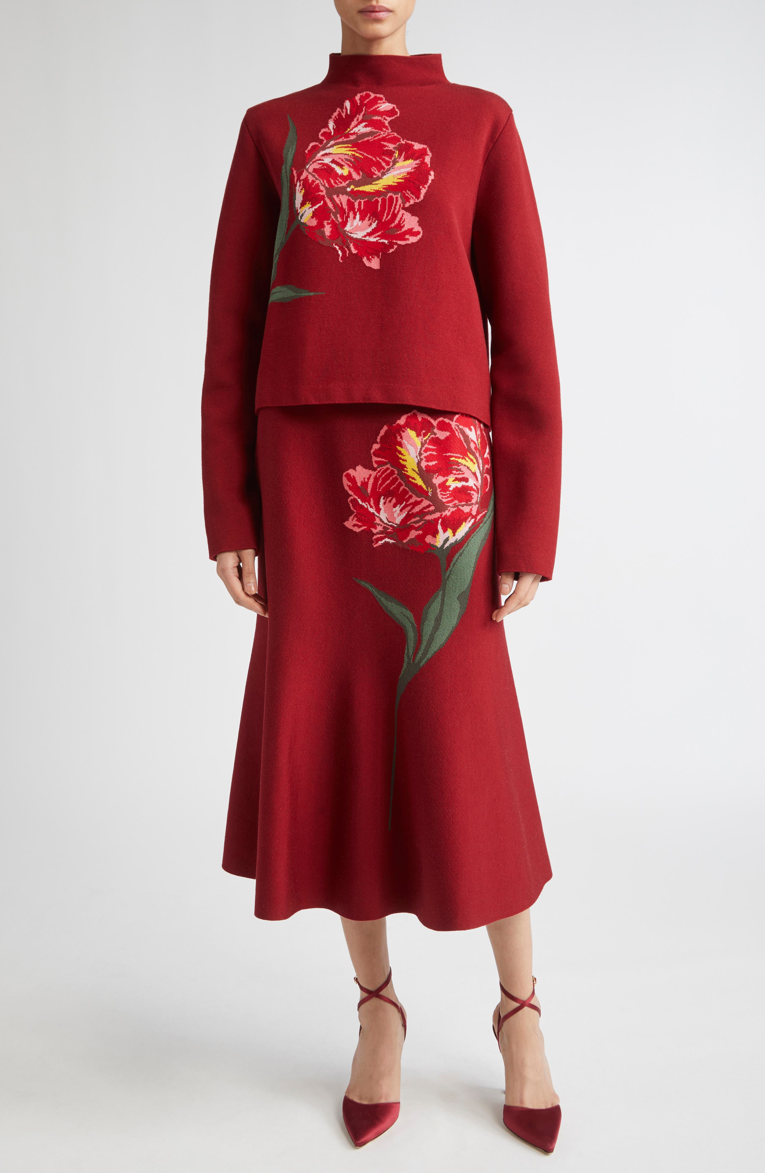 Carolina Herrera Floral Jacquard Flared Skirt in Garnet Multi at Nordstrom - 7