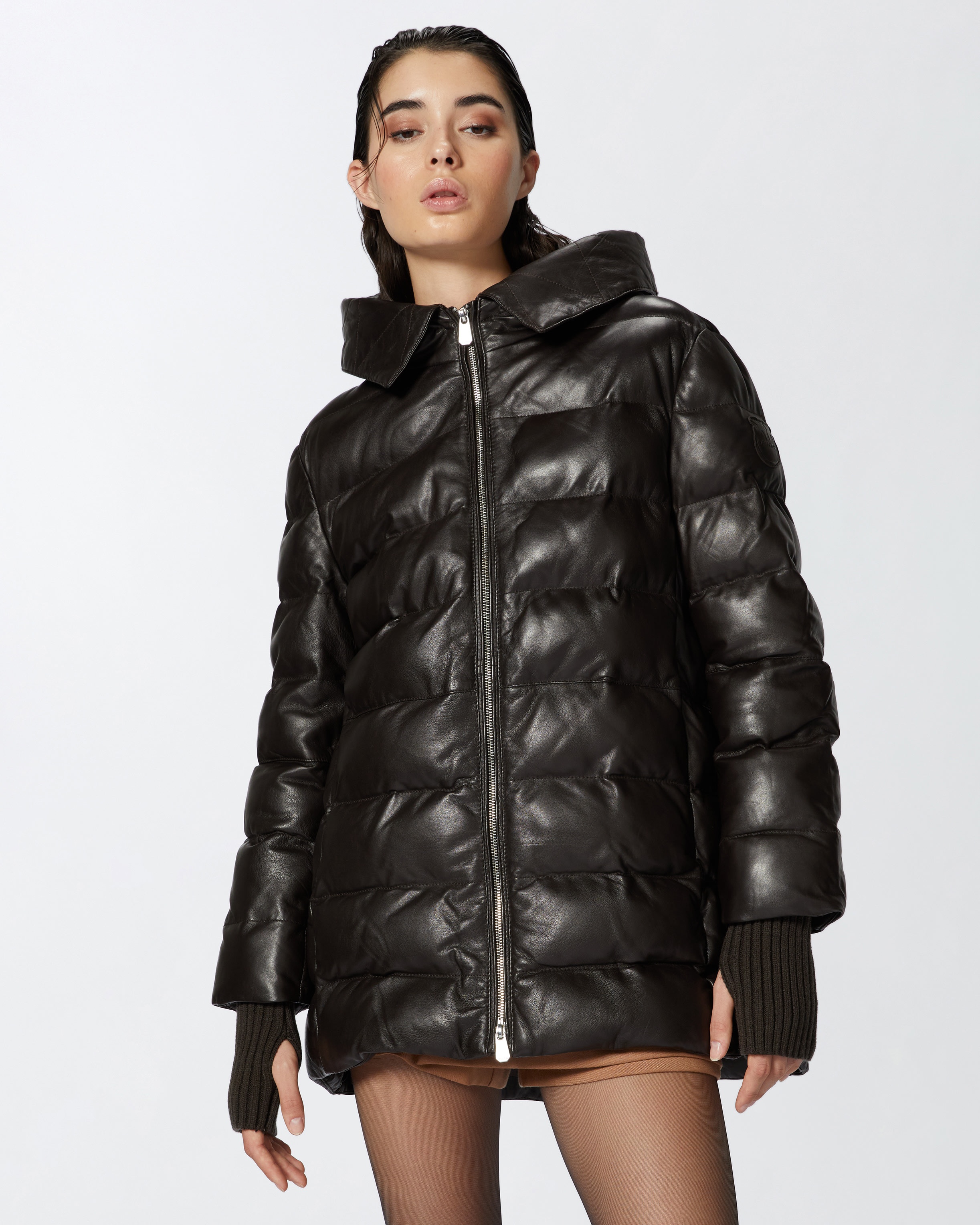 PADDED LEATHER PUFFER WITH HOOD - 2