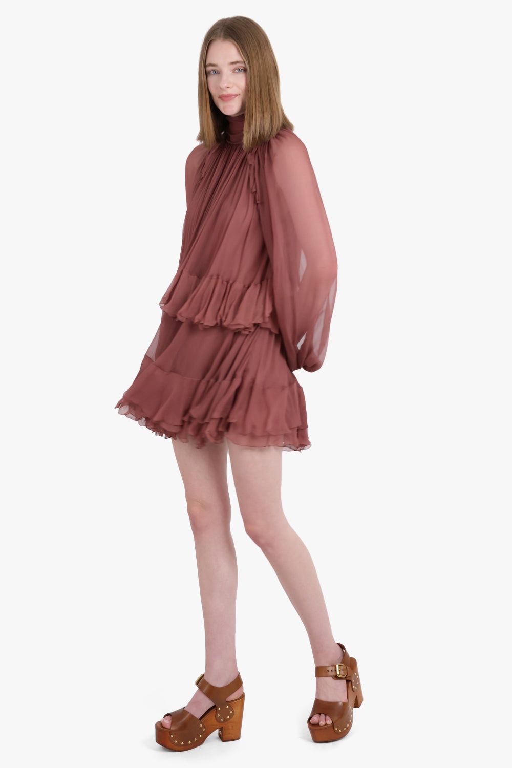 HIGH NECK L/S RUFFLE DETAIL MINI DRESS | WOODROSE PINK - 3