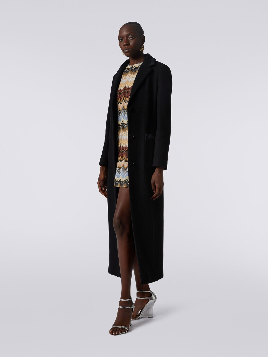 Wool blend long coat with zigzag inserts - 3