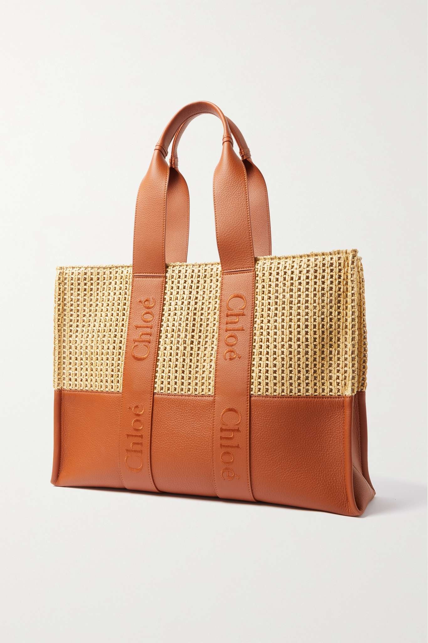 Woody large raffia and embroidered textured-leather tote - 3