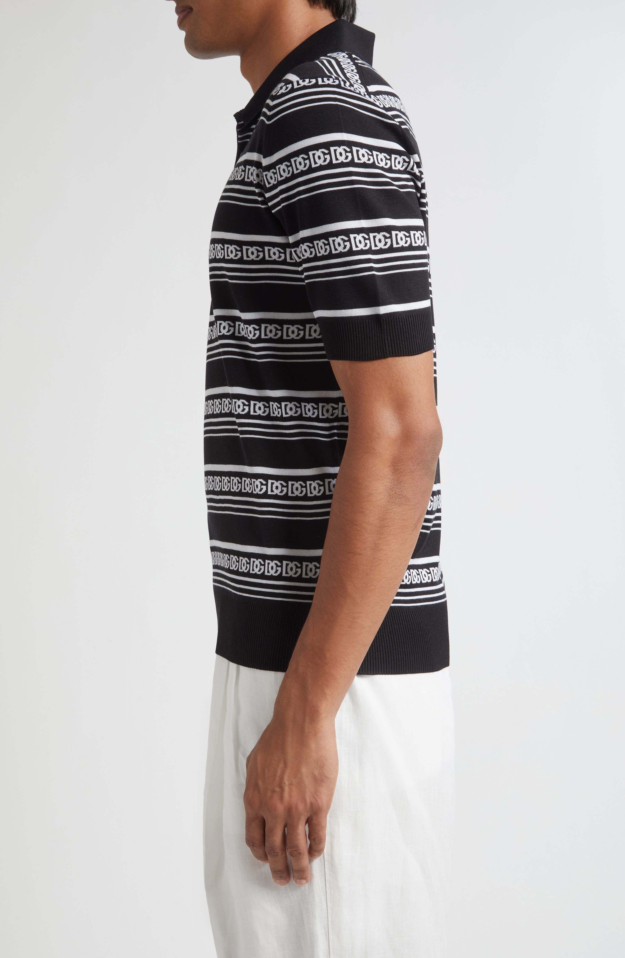 Dolce&Gabbana Logo Stripe Jacquard Silk Polo Sweater in N0004 Nero/Bianco at Nordstrom - 4