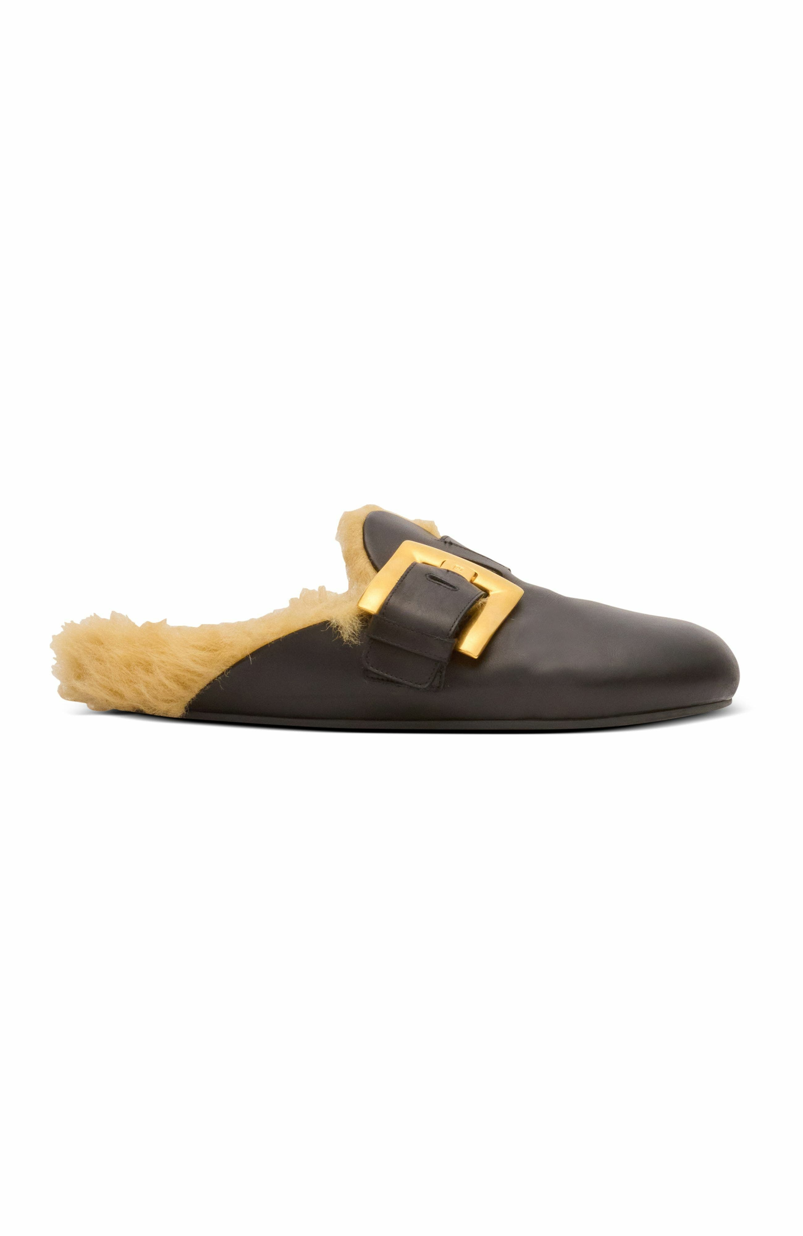 Balmain Flat leather and faux fur mules in Black at Nordstrom - 4