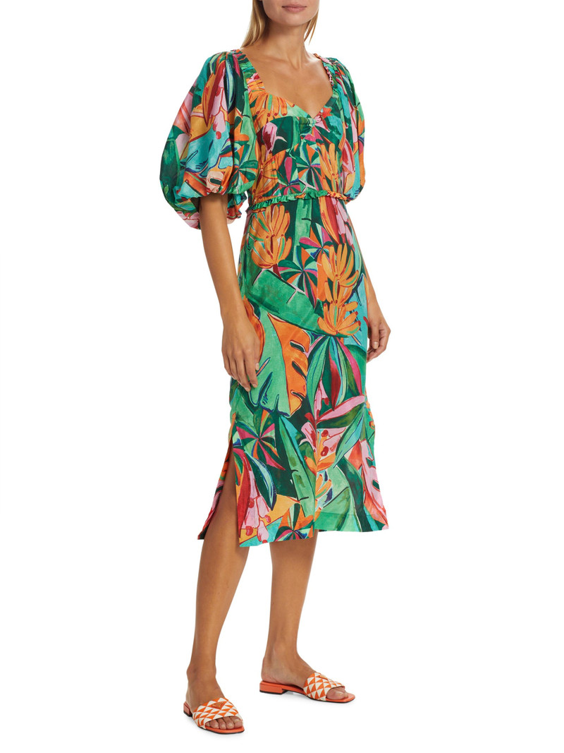 Women's Banana Foliage Puff-Sleeve Cotton Voile Midi-Dress 4