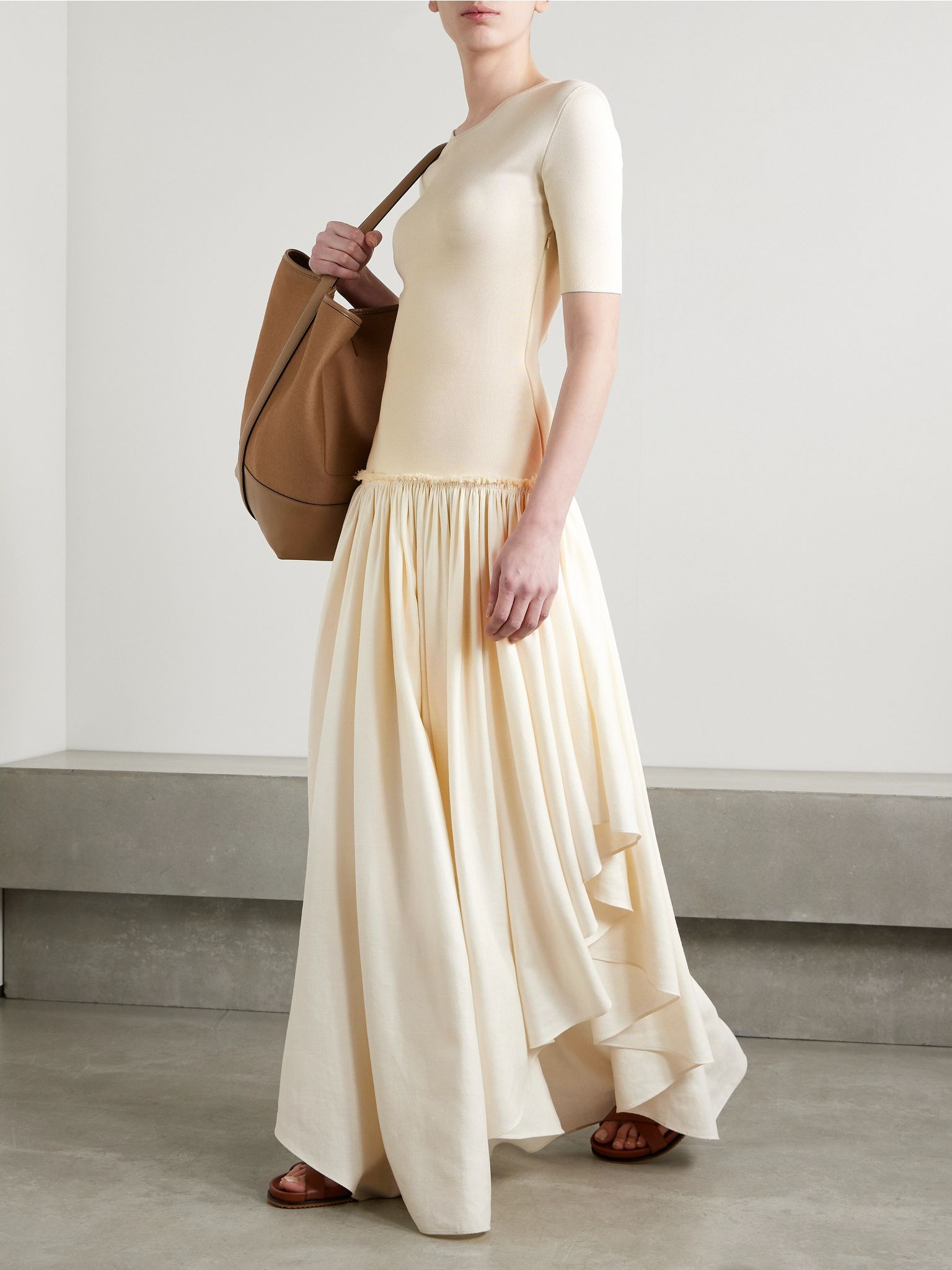 Sirona paneled gathered wool, silk and linen-blend twill and silk-jersey maxi dress Ivory - 2