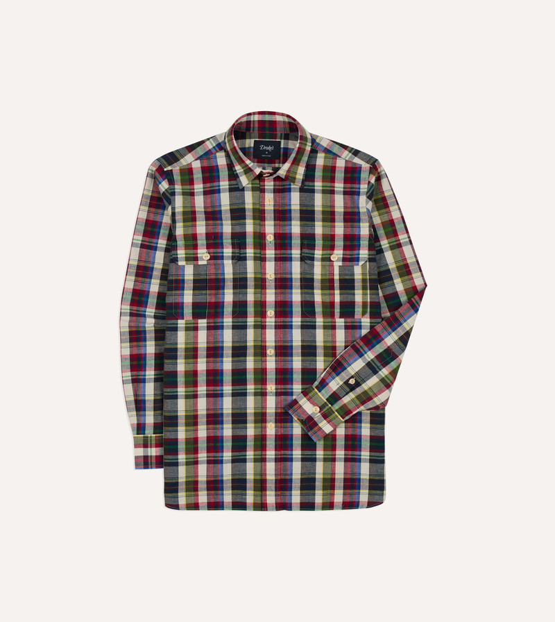 Navy and Red Check Cotton-Linen Two-Pocket Work Shirt - 1