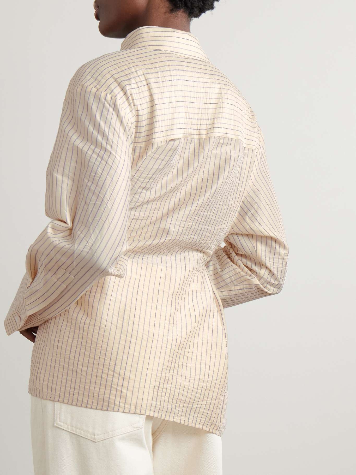 Asymmetric twisted striped voile shirt Cream - 3