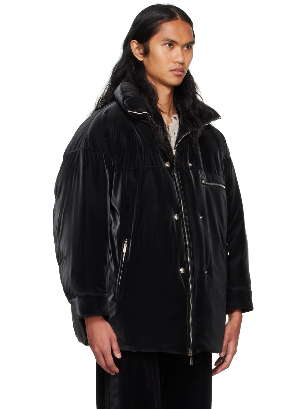 Black Velvetlike Puffer Down Jacket - 2