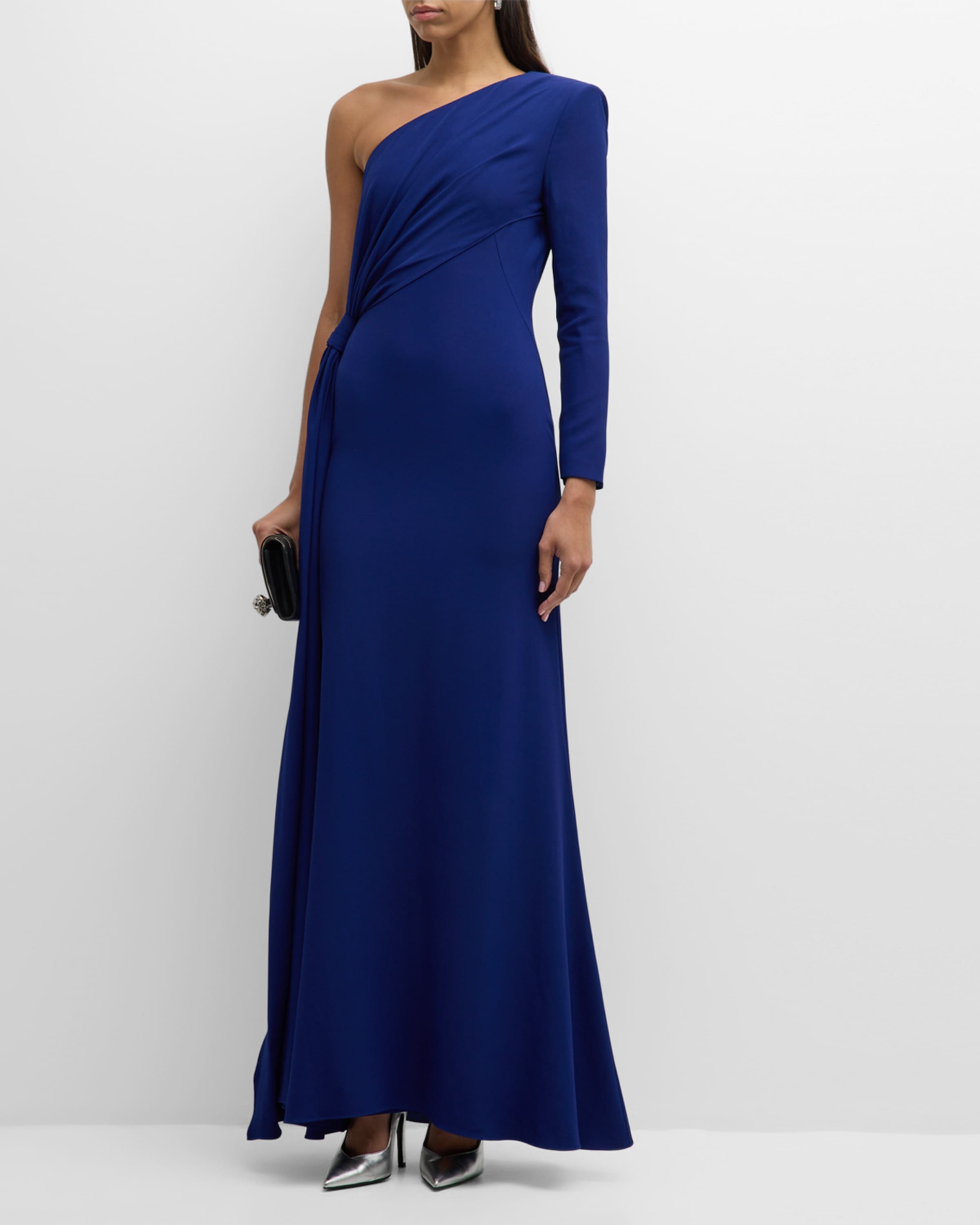 Crepe One-Shoulder Gown with Draped Detail - 2