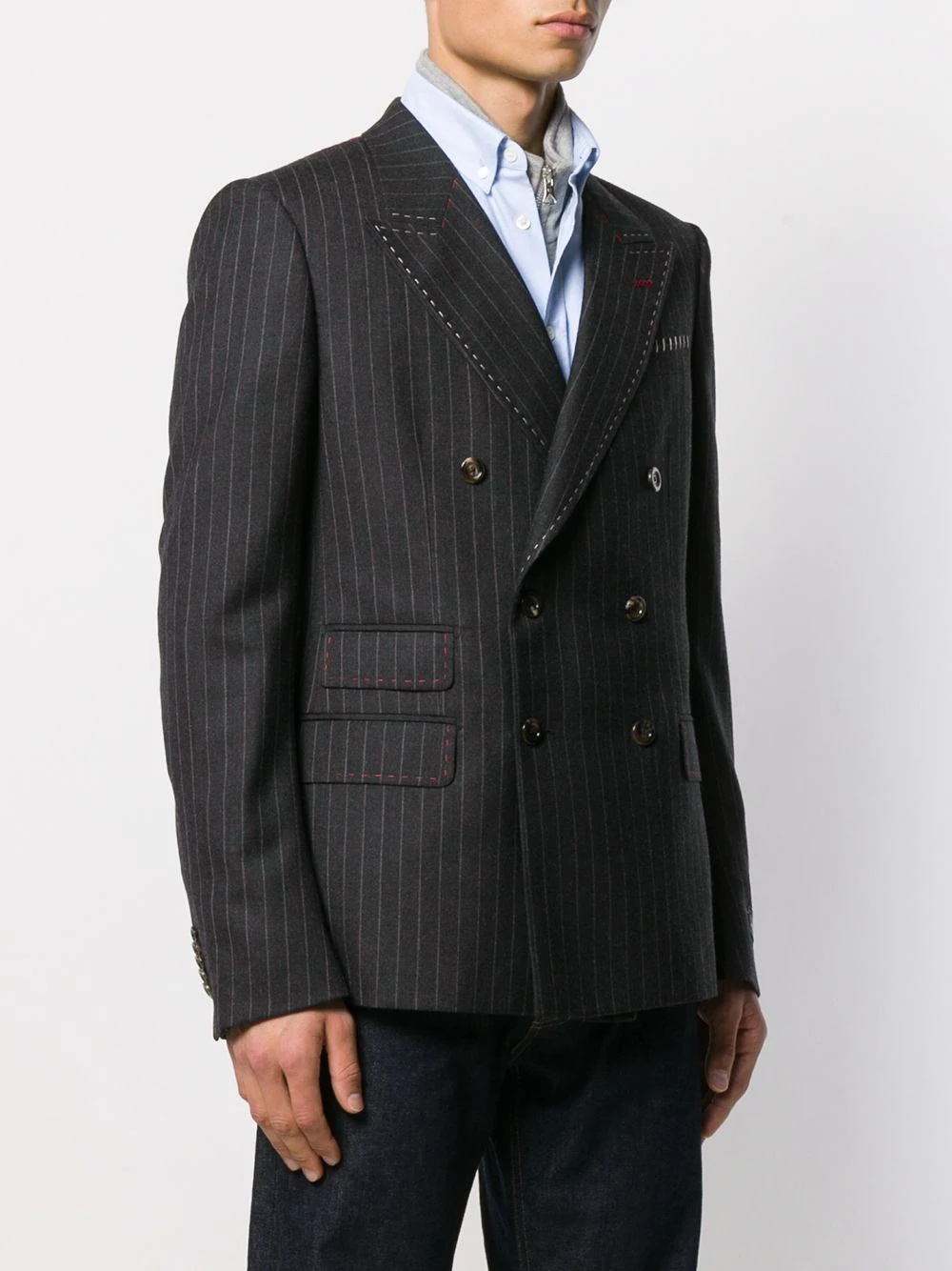 pinstripe double-breasted exposed stitching blazer - 3