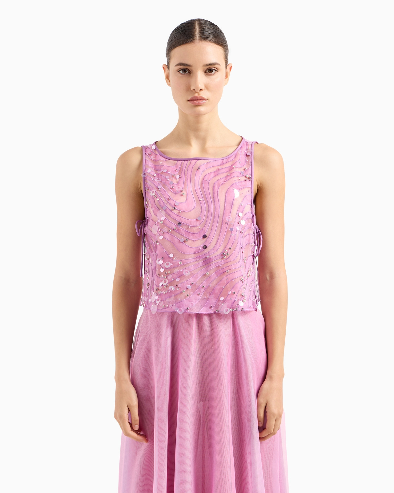 Silk organza top with embroidery and sequins in a sand dune motif - 2