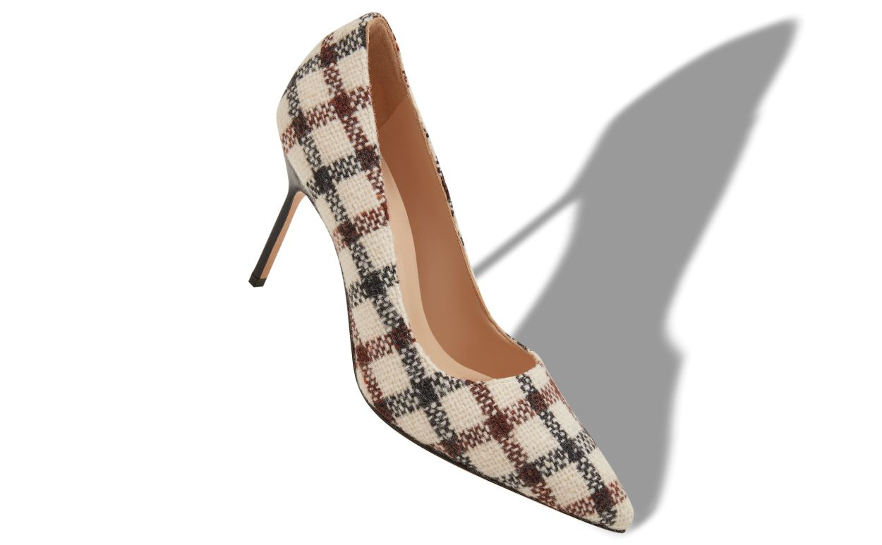 Light Beige Wool Tartan Pointed Toe Pumps - 2
