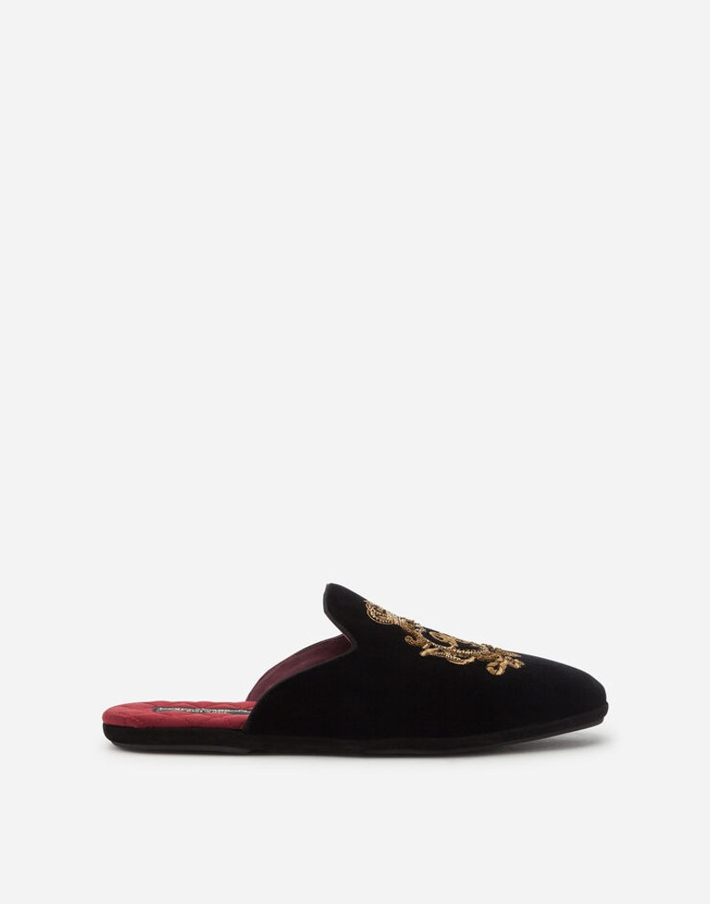 Velvet open-back slippers with coat of arms embroidery 1