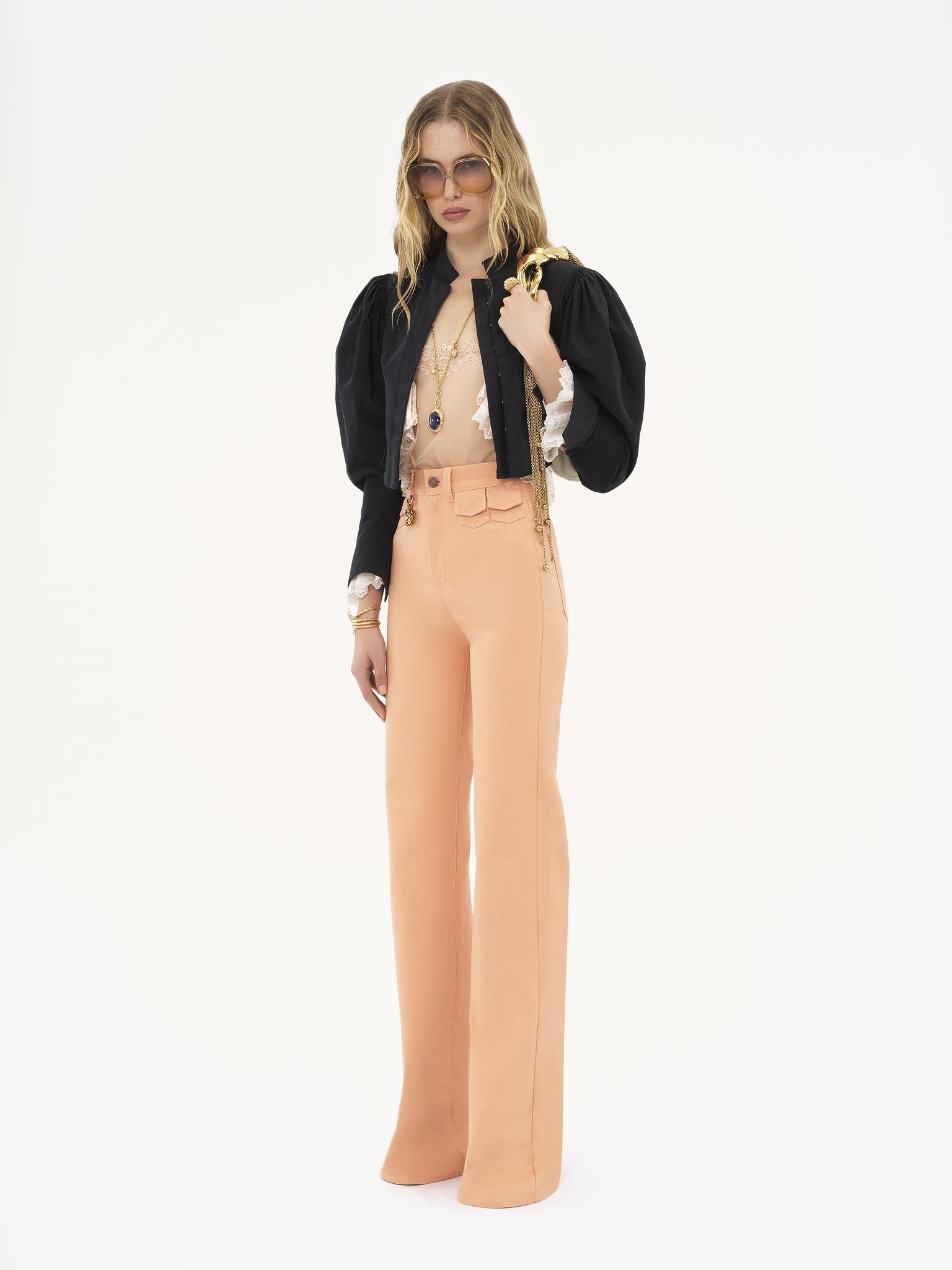 PUFF-SLEEVE CROPPED JACKET IN SILK FAILLE - 3