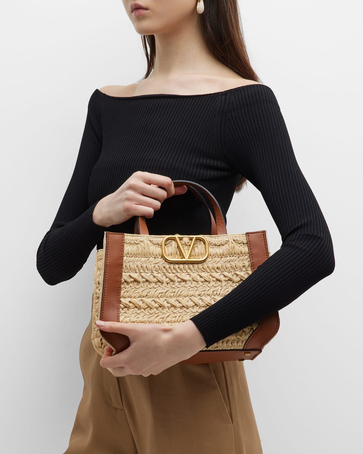 Valentino VLOGO Signature Small Straw Tote Bag