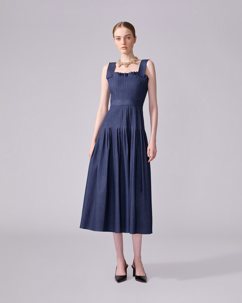 CAROLINA HERRERA Pleated Denim Midi Dress outlook