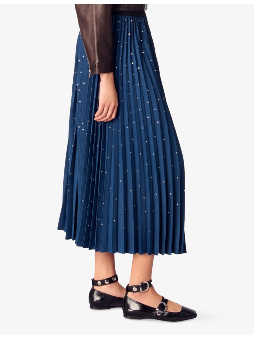 Stud-Embellished Pleated Woven Midi Skirt - 3