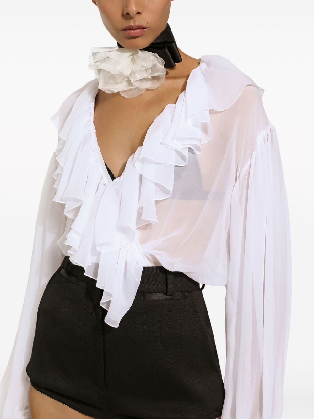 ruffled-trim silk cropped blouse - 5